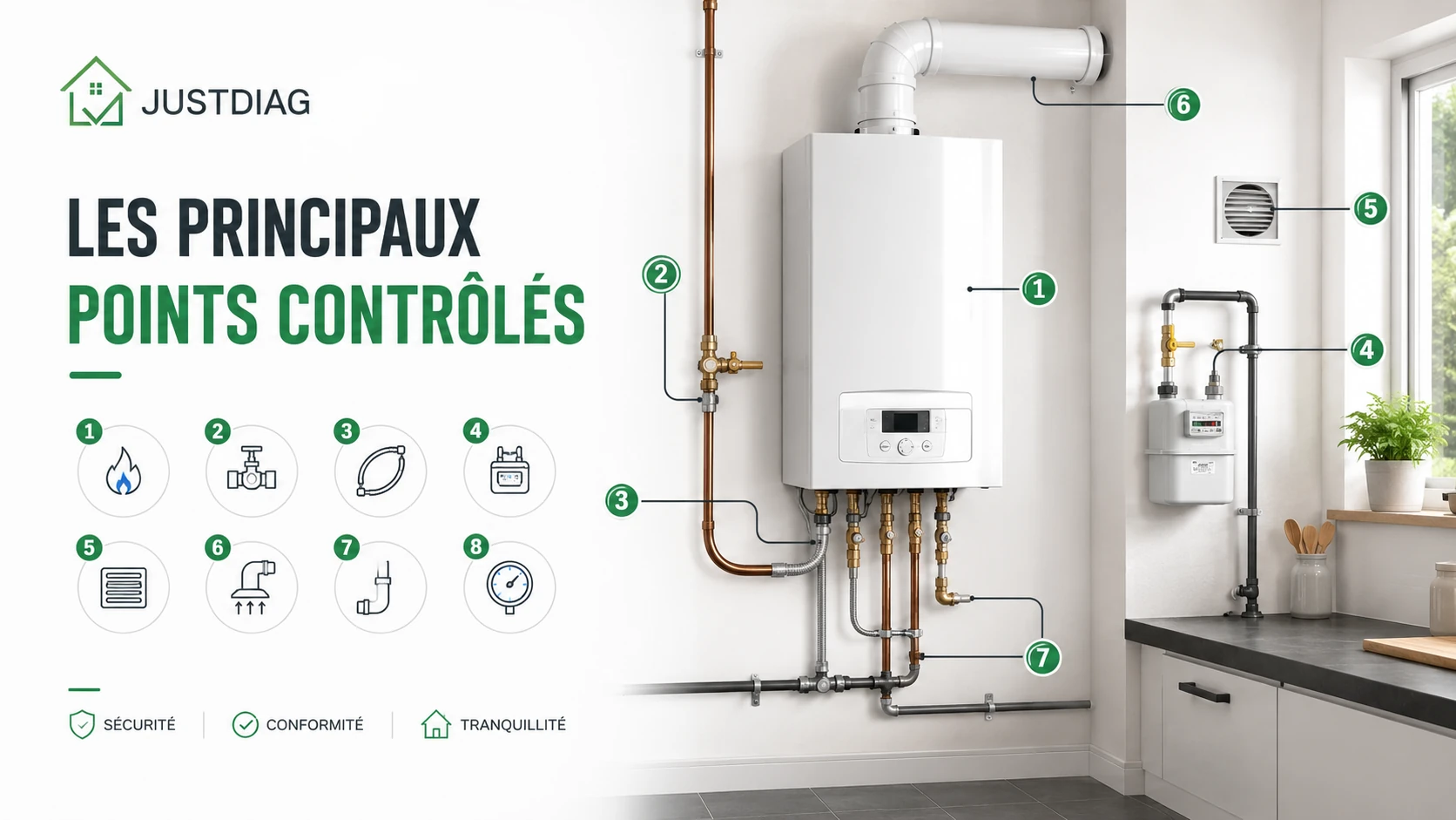 Infographie des principaux points contrôlés lors d’un diagnostic gaz